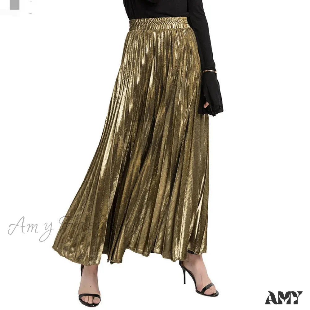 Check Pleated Maxi High Waist Large Swing Gold Long Skirt