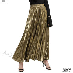 Check Pleated Maxi High Waist Large Swing Gold Long Skirt
