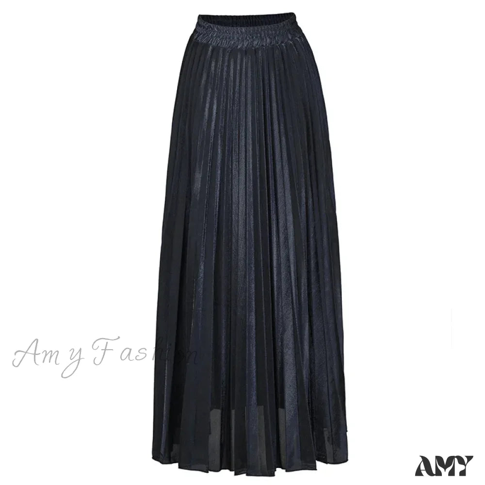 Check Pleated Maxi High Waist Large Swing Gold Long Skirt Black / S