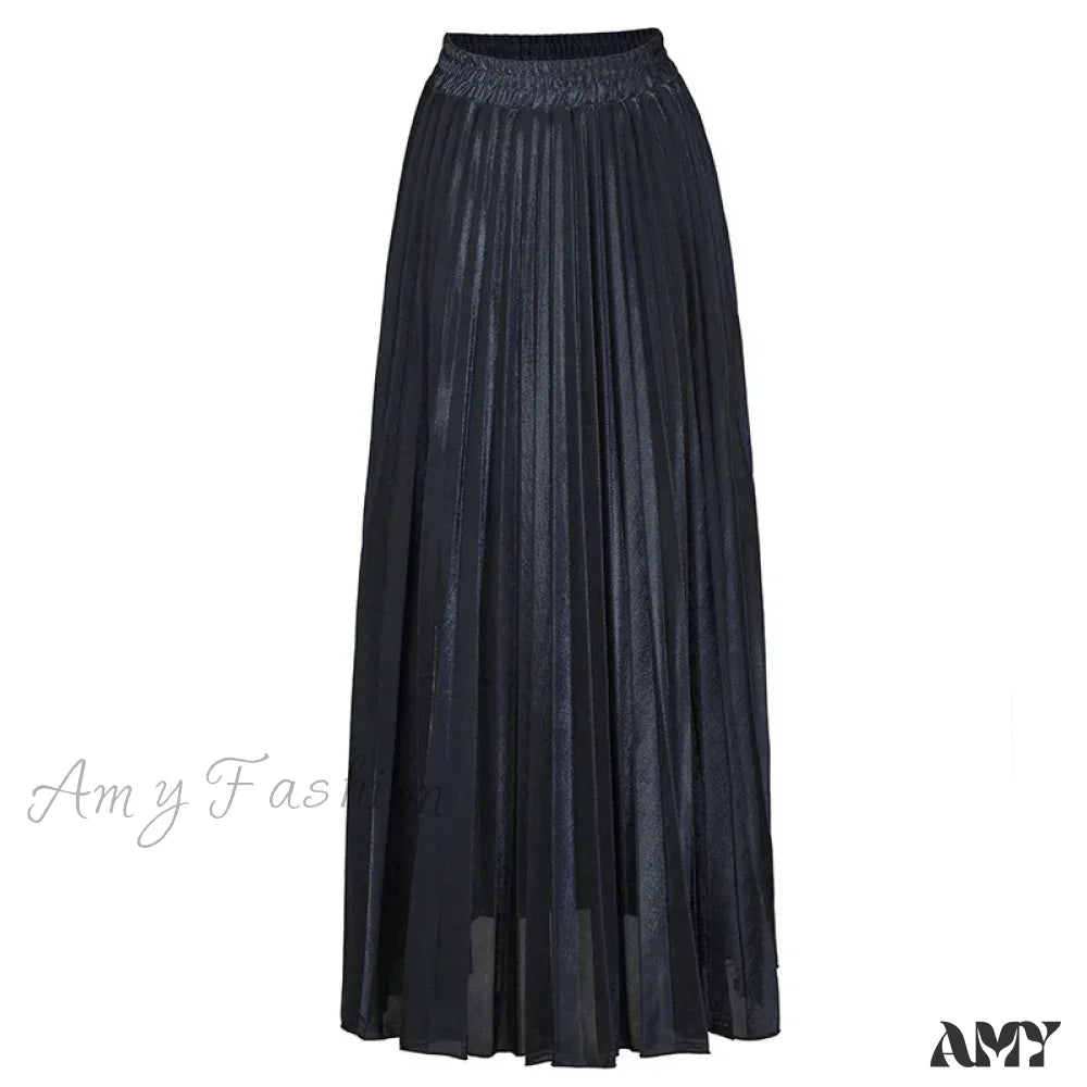 Check Pleated Maxi High Waist Large Swing Gold Long Skirt Black / S