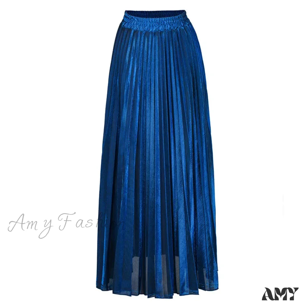 Check Pleated Maxi High Waist Large Swing Gold Long Skirt Blue / S