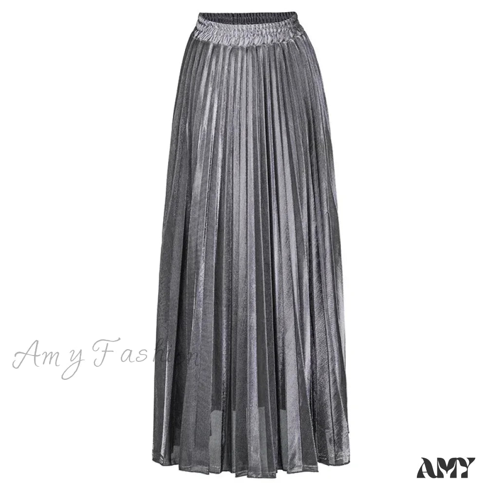 Check Pleated Maxi High Waist Large Swing Gold Long Skirt Grey / S