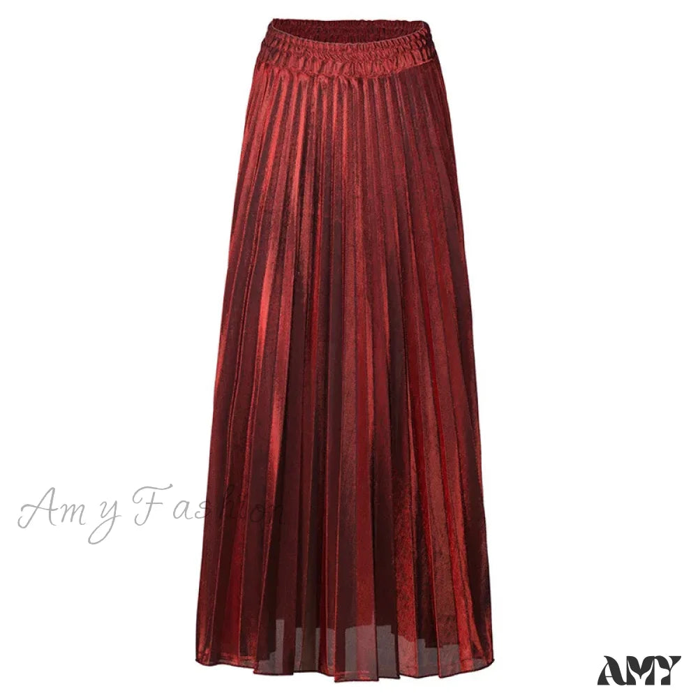 Check Pleated Maxi High Waist Large Swing Gold Long Skirt Red / S