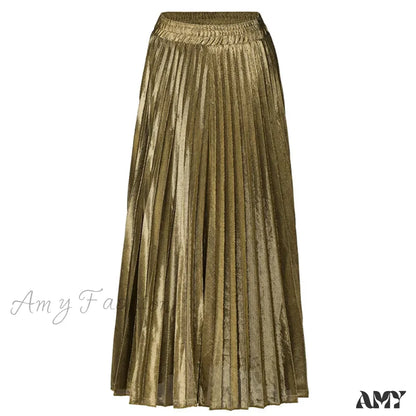 Check Pleated Maxi High Waist Large Swing Gold Long Skirt / S