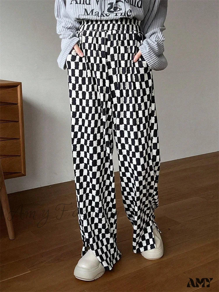 Checkerboard Print Autumn Winter Y2K Side Split Straight Elastic High Trouser