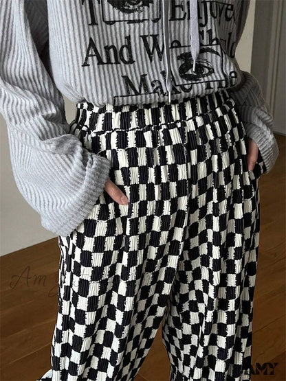 Checkerboard Print Autumn Winter Y2K Side Split Straight Elastic High Trouser