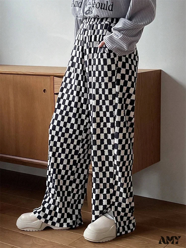 Checkerboard Print Autumn Winter Y2K Side Split Straight Elastic High Trouser