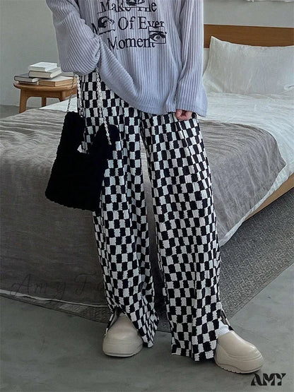 Checkerboard Print Autumn Winter Y2K Side Split Straight Elastic High Trouser Black / S