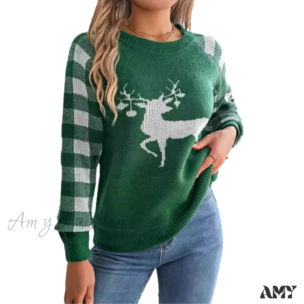 Checkered Deer Long Sleeve Hoodie Red Green Knitted Pullover Christmas Sweater