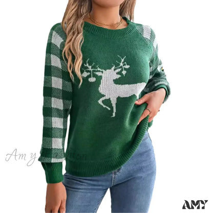 Checkered Deer Long Sleeve Hoodie Red Green Knitted Pullover Christmas Sweater