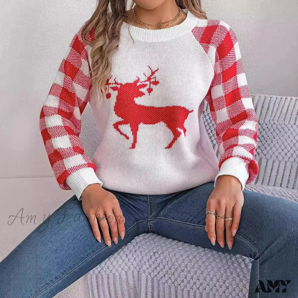 Checkered Deer Long Sleeve Hoodie Red Green Knitted Pullover Christmas Sweater