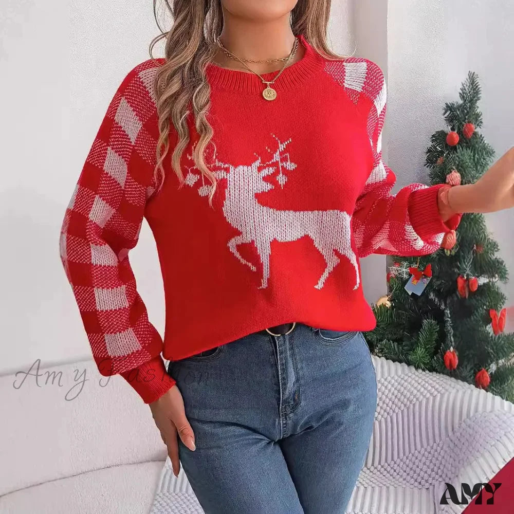 Checkered Deer Long Sleeve Hoodie Red Green Knitted Pullover Christmas Sweater