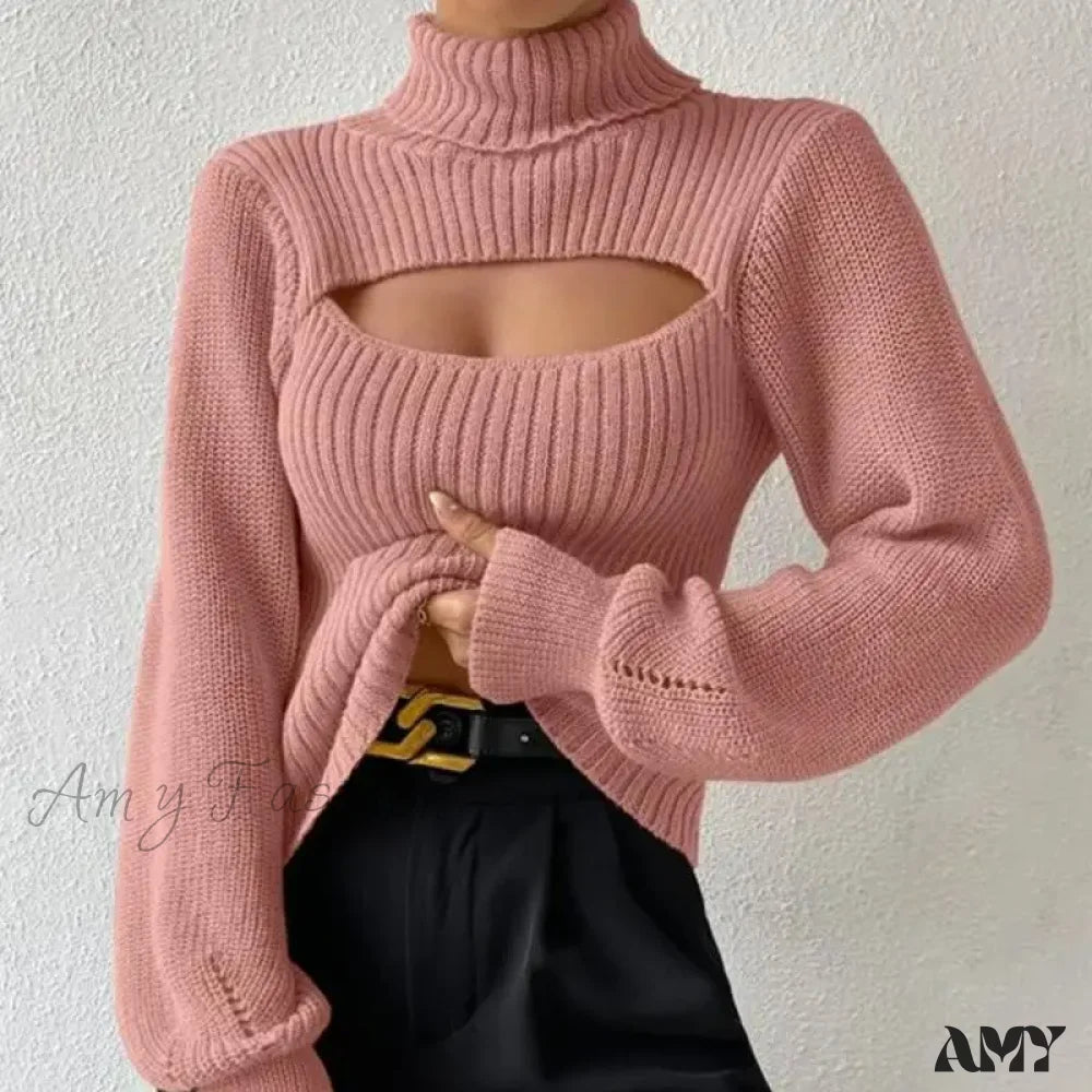 Chest Hollowed-Out Sexy Loose Matching Fall Winter Turtleneck Sweater