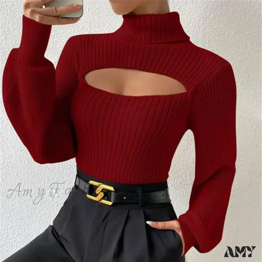 Chest Hollowed-Out Sexy Loose Matching Fall Winter Turtleneck Sweater