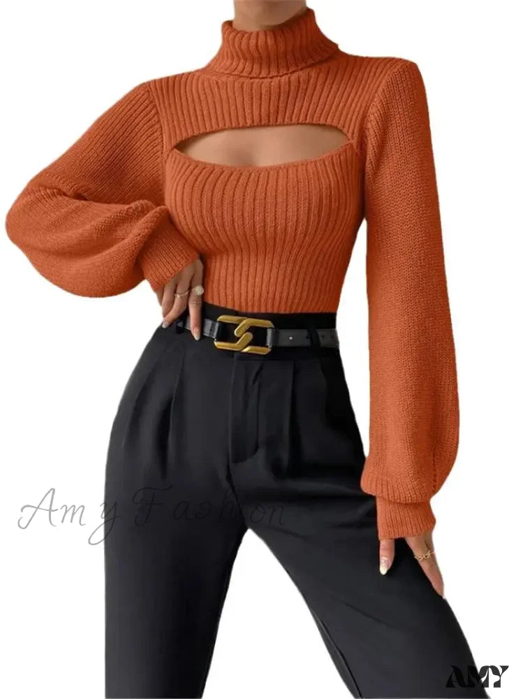 Chest Hollowed-Out Sexy Loose Matching Fall Winter Turtleneck Sweater