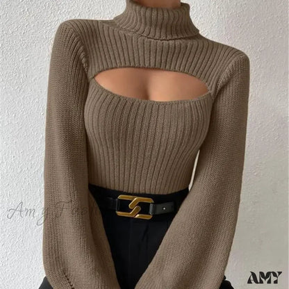 Chest Hollowed-Out Sexy Loose Matching Fall Winter Turtleneck Sweater