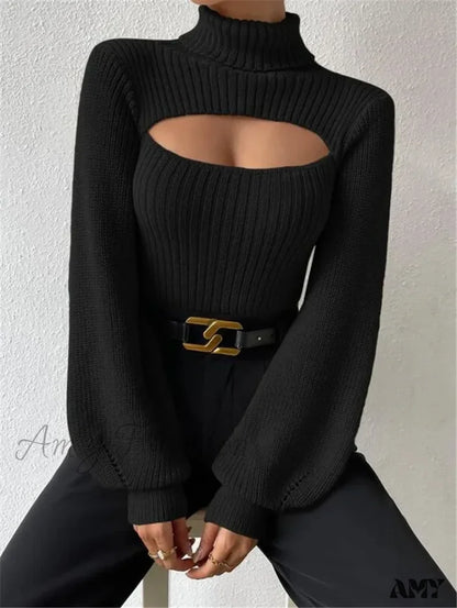 Chest Hollowed-Out Sexy Loose Matching Fall Winter Turtleneck Sweater Black / S