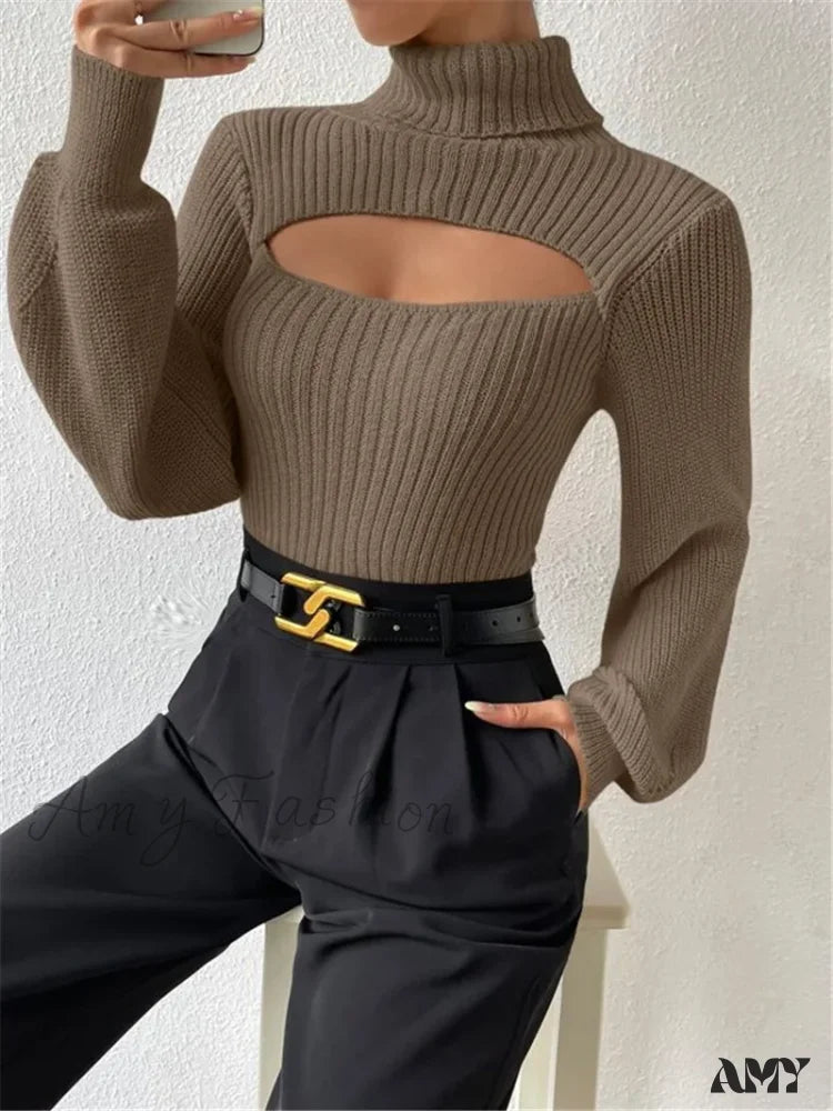 Chest Hollowed-Out Sexy Loose Matching Fall Winter Turtleneck Sweater Khaki / S