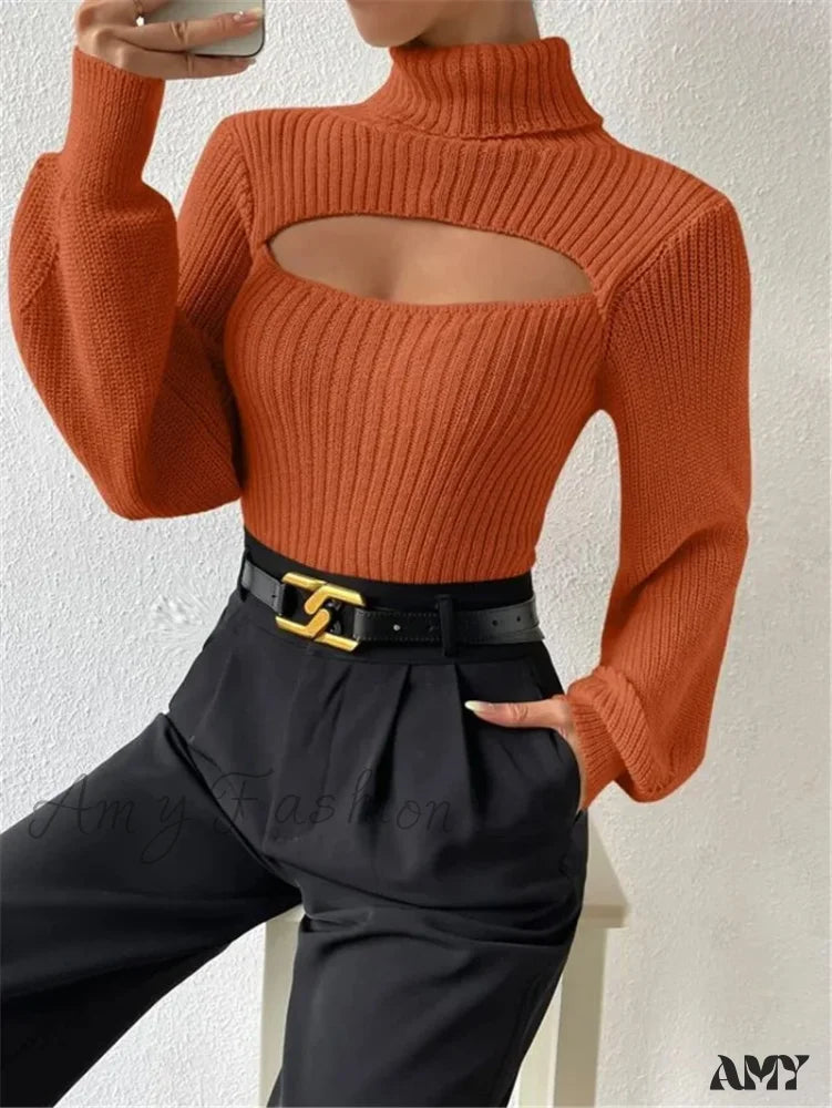 Chest Hollowed-Out Sexy Loose Matching Fall Winter Turtleneck Sweater Orange / S