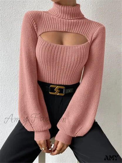 Chest Hollowed-Out Sexy Loose Matching Fall Winter Turtleneck Sweater Pink / S