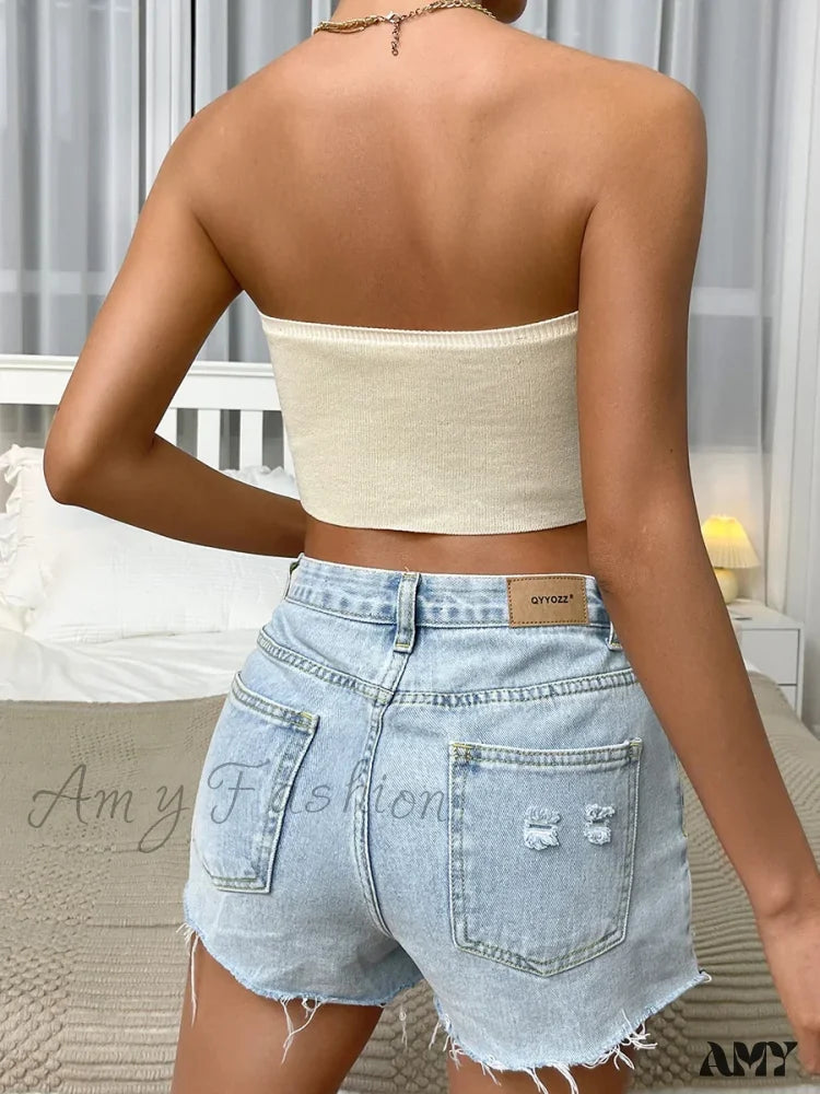 Chic Sexy Knitting Strapless Backless Hem Summer Slim Solid Crop Top