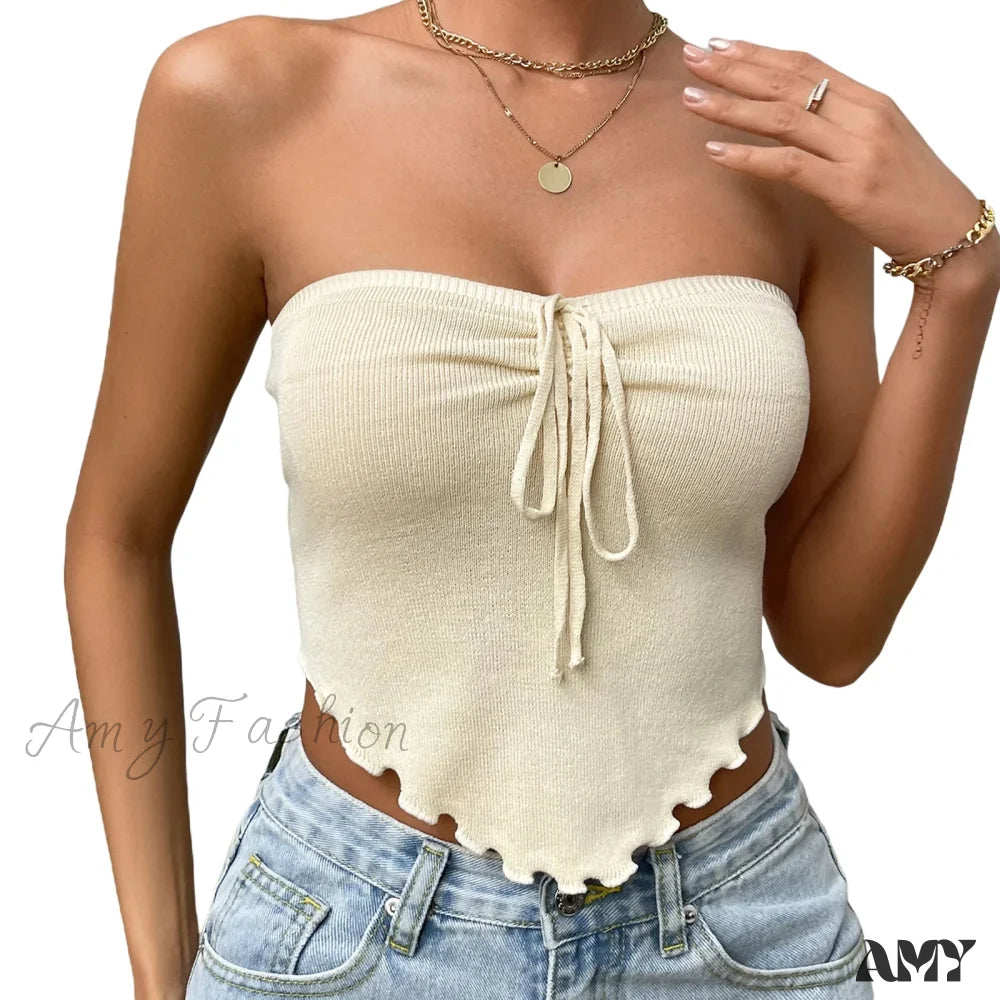 Chic Sexy Knitting Strapless Backless Hem Summer Slim Solid Crop Top Beige / S