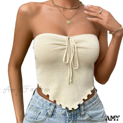 Chic Sexy Knitting Strapless Backless Hem Summer Slim Solid Crop Top Beige / S