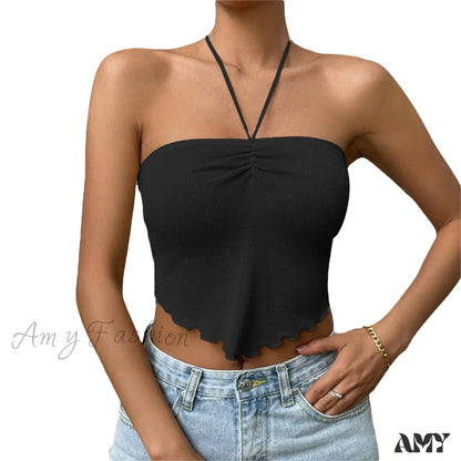 Chic Sexy Knitting Strapless Backless Hem Summer Slim Solid Crop Top Black / S