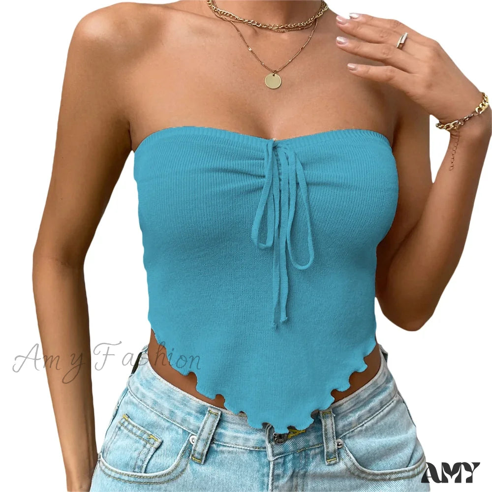 Chic Sexy Knitting Strapless Backless Hem Summer Slim Solid Crop Top Blue / S