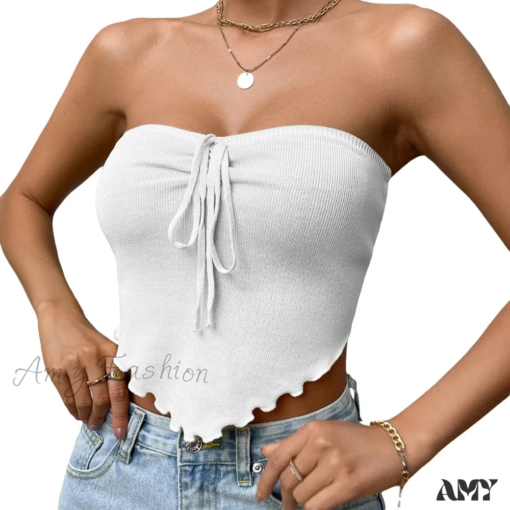 Chic Sexy Knitting Strapless Backless Hem Summer Slim Solid Crop Top White / S