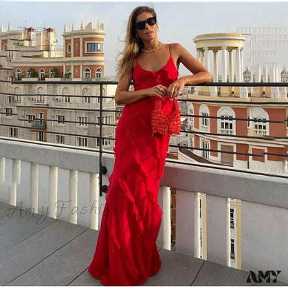 Chiffon Maxi Dress With Ruffles And Backless Split - Sexy Long Summer Wedding/Christmas Party Outfit