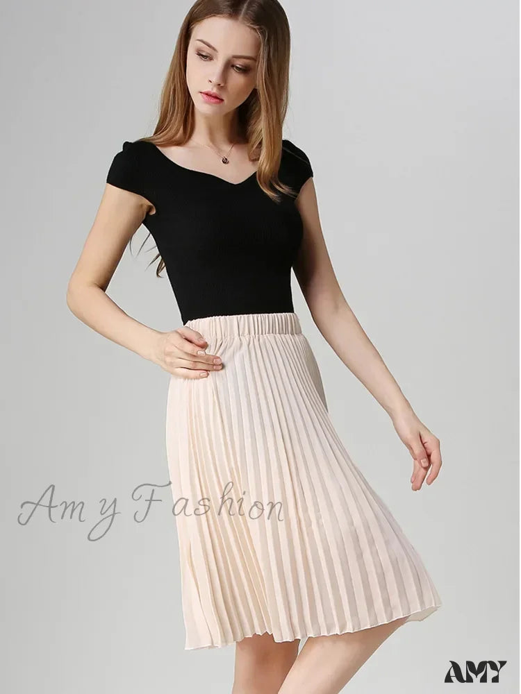 Chiffon Pleated Vintage High Waist Tutu Midi Rokken Summer Style Skirt Beige / One Size