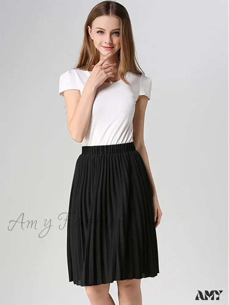 Chiffon Pleated Vintage High Waist Tutu Midi Rokken Summer Style Skirt Black / One Size