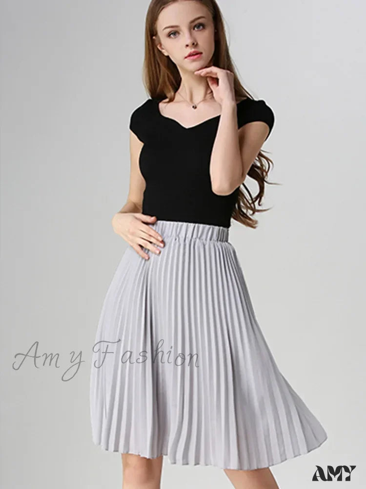 Chiffon Pleated Vintage High Waist Tutu Midi Rokken Summer Style Skirt Gray / One Size