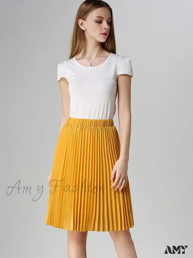Chiffon Pleated Vintage High Waist Tutu Midi Rokken Summer Style Skirt Yellow / One Size
