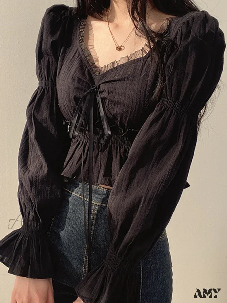 Chiffon Puff Sleeve Lace Up Ruffles Preppy Style Blouse