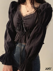 Chiffon Puff Sleeve Lace Up Ruffles Preppy Style Blouse