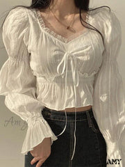 Chiffon Puff Sleeve Lace Up Ruffles Preppy Style Blouse White / S