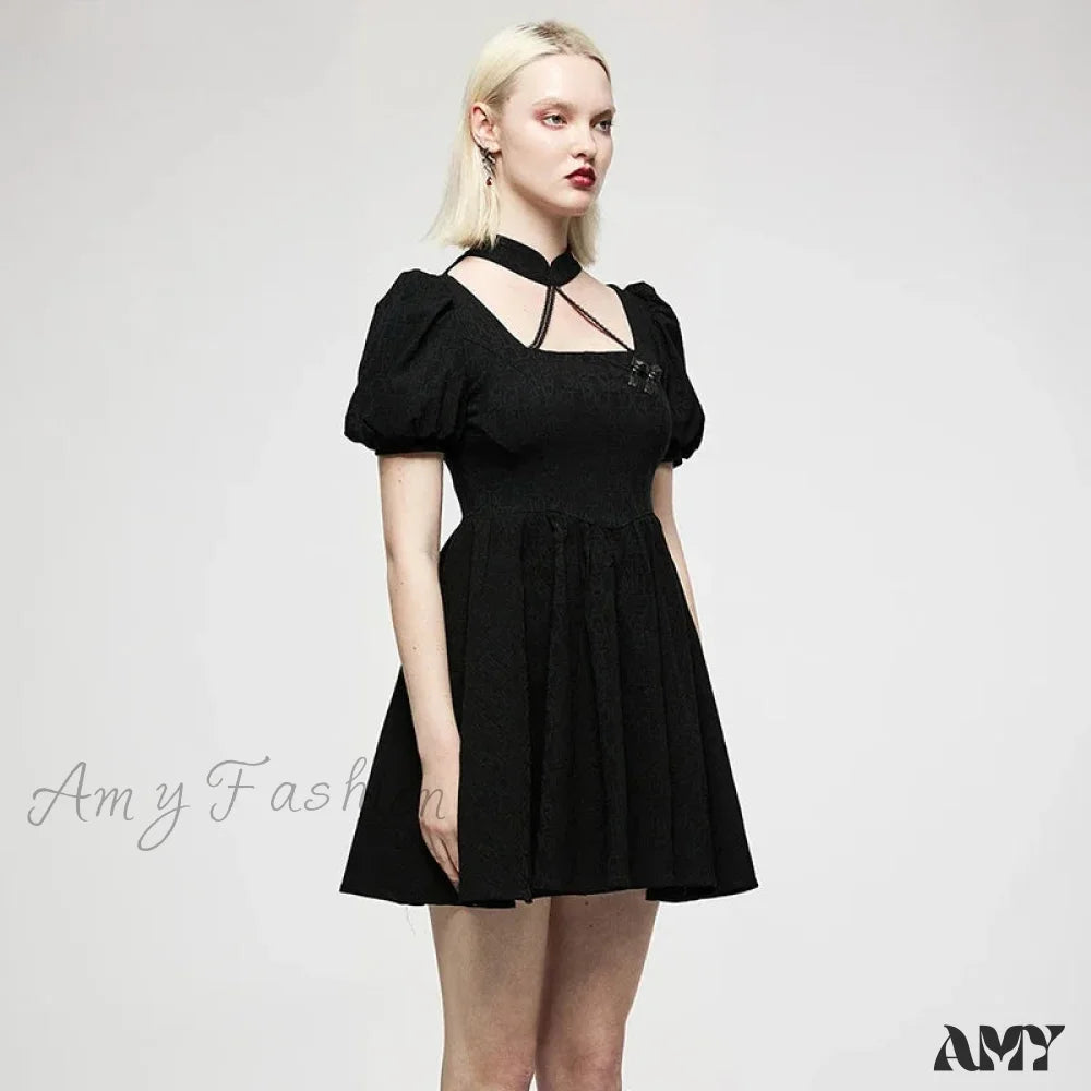 Chinese Style Puff Sleeve Dark Pattern Jacquard Playful Age-Reducing Club Youth Black Gothic Dress