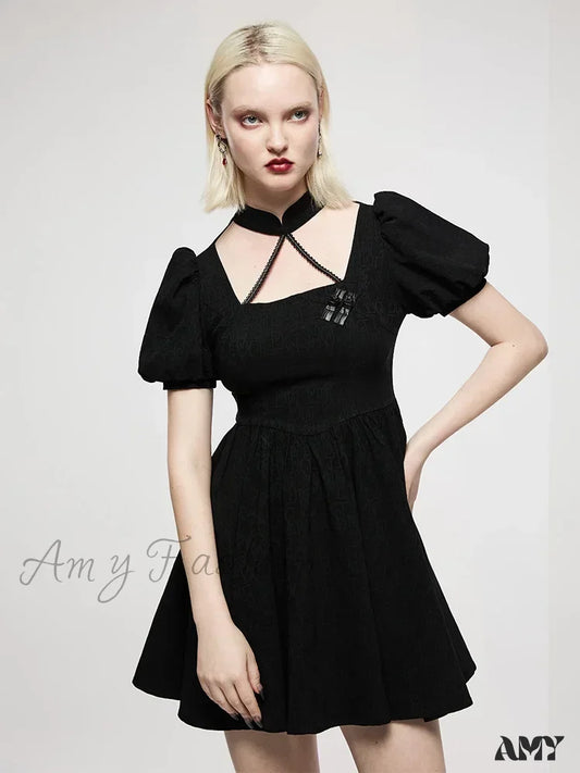 Chinese Style Puff Sleeve Dark Pattern Jacquard Playful Age-Reducing Club Youth Black Gothic Dress