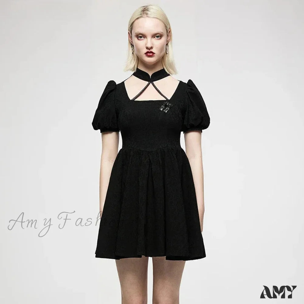 Chinese Style Puff Sleeve Dark Pattern Jacquard Playful Age-Reducing Club Youth Black Gothic Dress