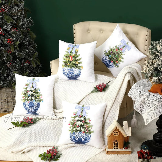 Chinoiserie Blue Christmas Tree Throw Pillow Covers - Set Of 4