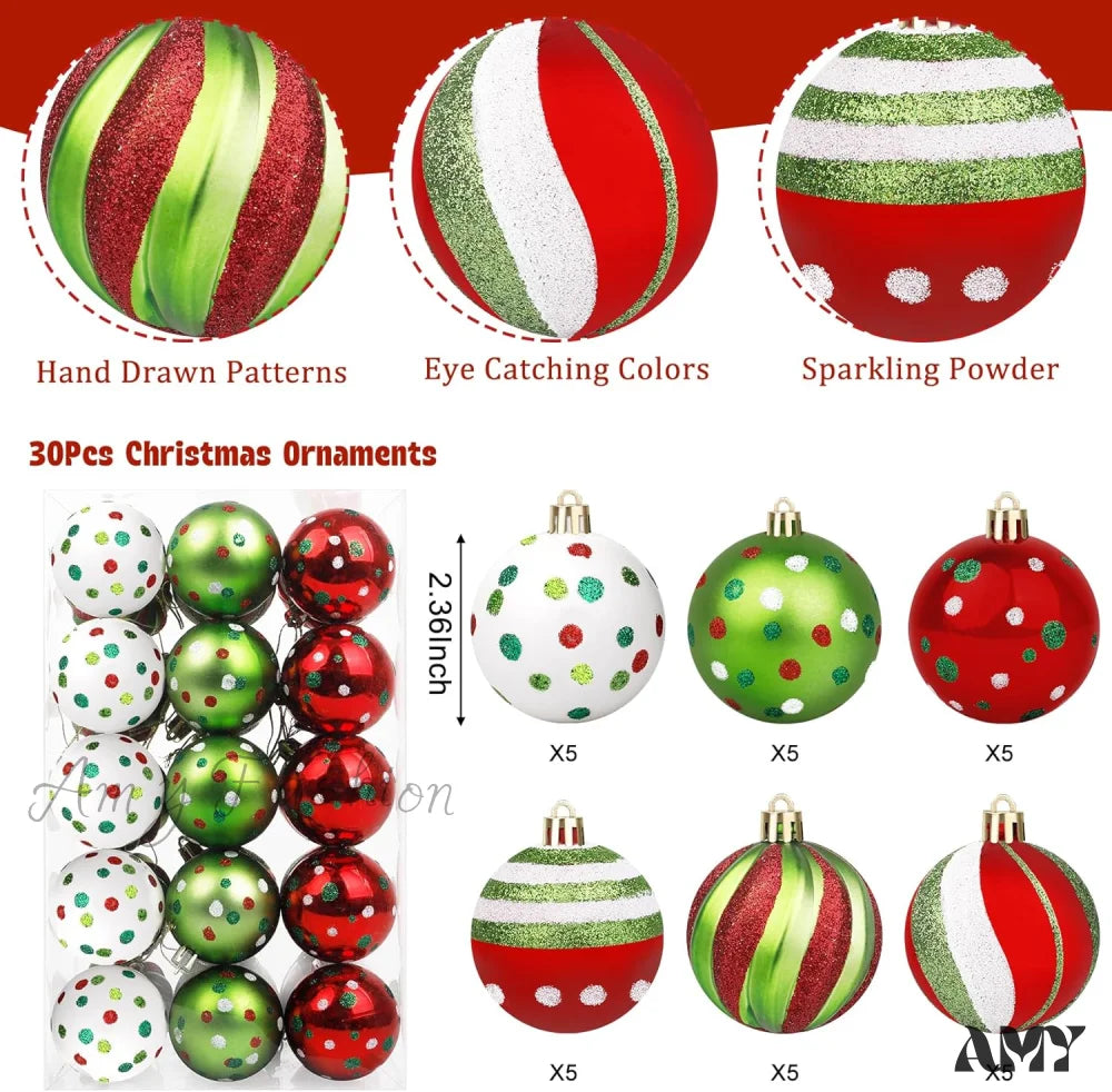 Christmas Ball Ornaments Set - Candy Cane Peppermint Swirl Red Green Bulbs