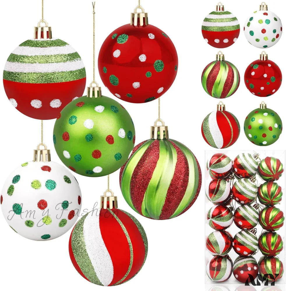 Christmas Ball Ornaments Set - Candy Cane Peppermint Swirl Red Green Bulbs Classic