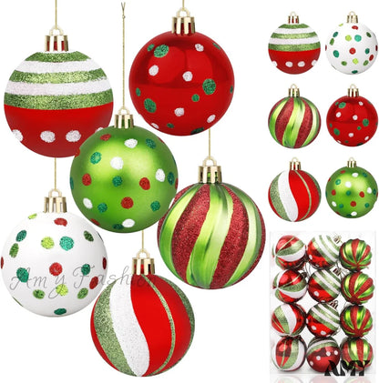 Christmas Ball Ornaments Set - Candy Cane Peppermint Swirl Red Green Bulbs Traditional