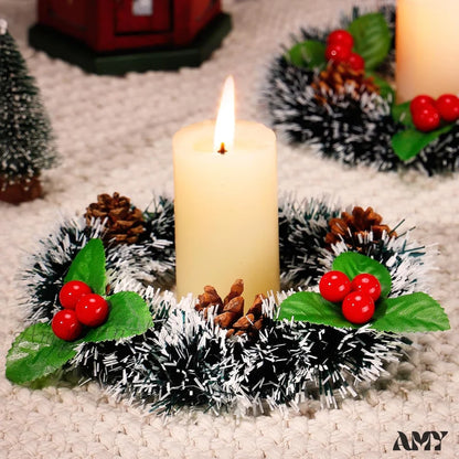 Christmas Candle Rings With Pine Cones And Berries - Set Of 6