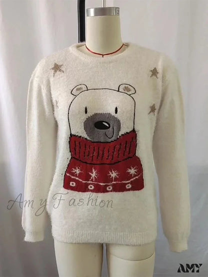 Christmas Cartoon Bear Embroidery Holiday Sweater