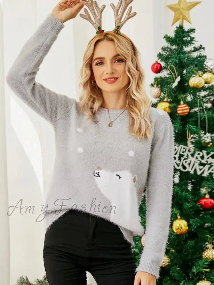 Christmas Cartoon Bear Embroidery Holiday Sweater Gray / S