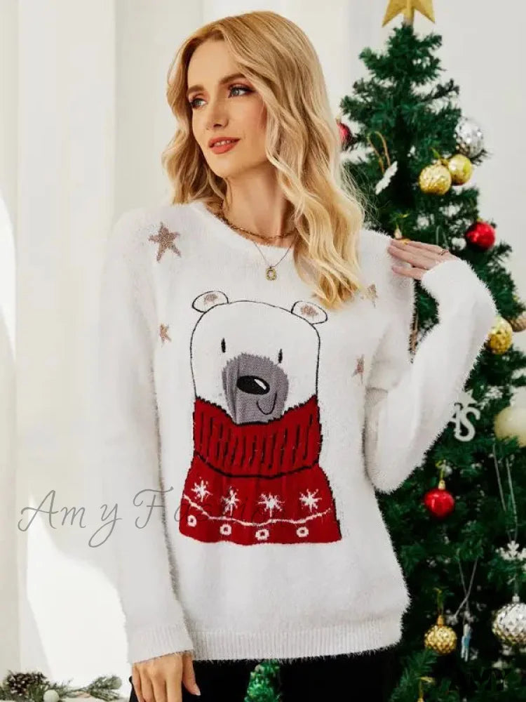 Christmas Cartoon Bear Embroidery Holiday Sweater White / S