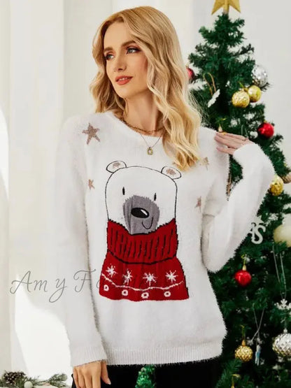 Christmas Cartoon Bear Embroidery Holiday Sweater White / S